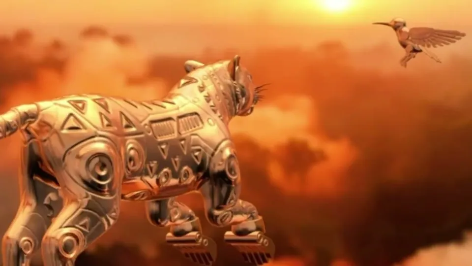 A silver robotic jaguar walks above the clouds at sunset, with a silver hummingbird.