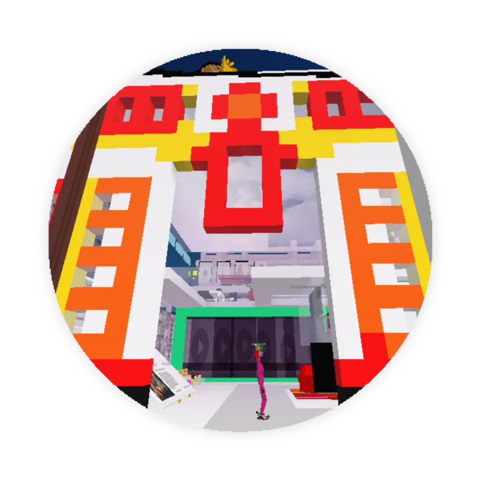 A round view into a voxel world of red, yellow and white blocks.