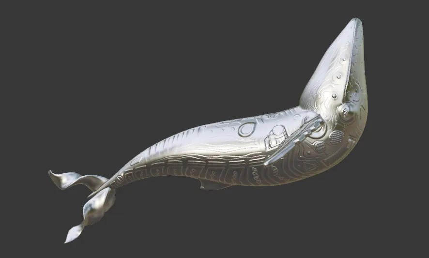 Huk's silver whale, patterned, swimming upward.