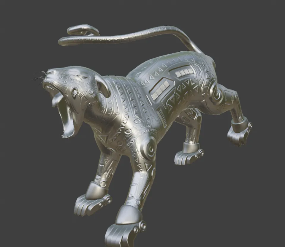 Huk's silver jaguar, mouth open, patterned like carved metal.
