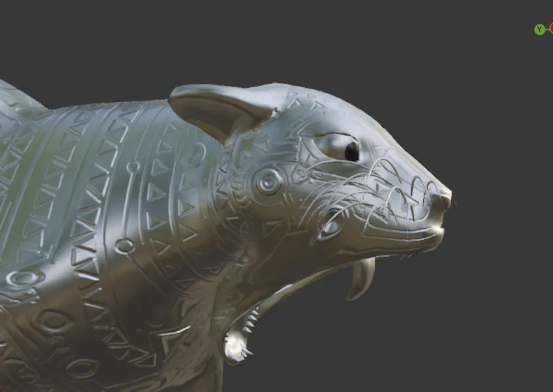 A close view of the silver jaguar's head.