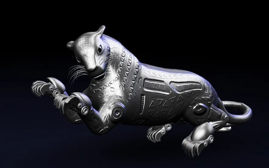 The silver jaguar of Las Awichas lies in the dark, her front paws raised.