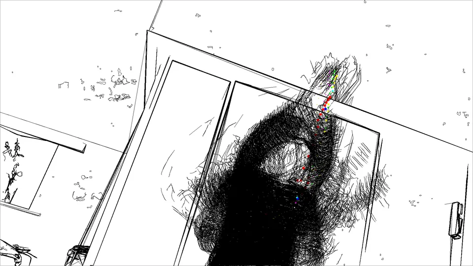 A drawing of a figure in dark strokes behind a tilted window.