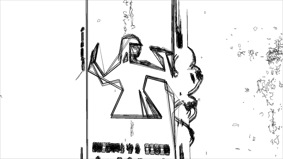 A drawing of a figure with raised arms, like a paper cut-out, in a doorway.