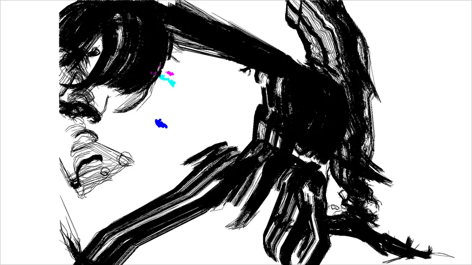 A black line drawing of a face in close-up, hair falling across it, with a few dots of colour.