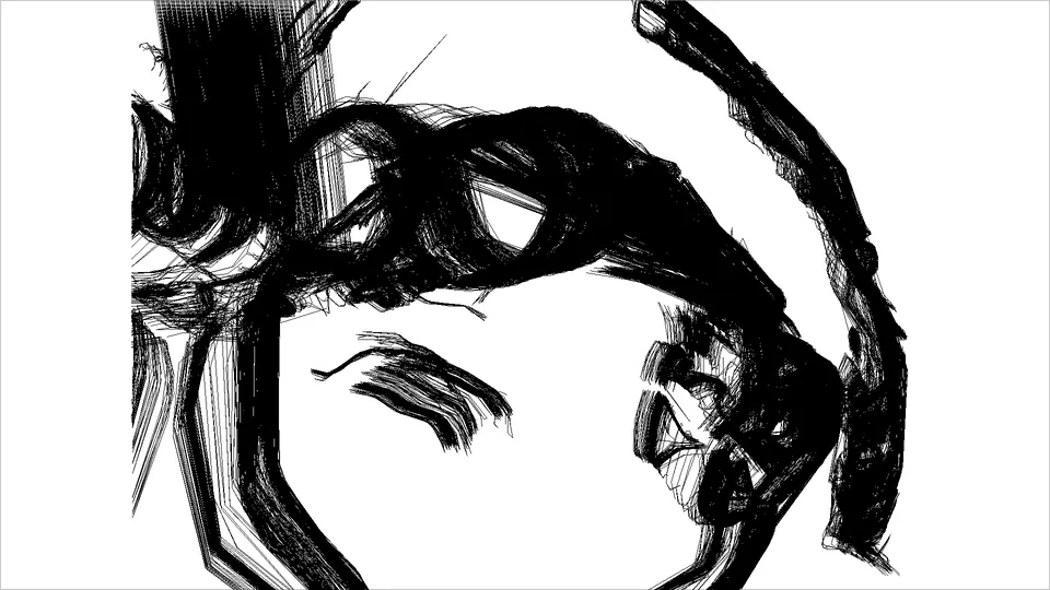 A black line drawing of a head seen from above, in heavy strokes.