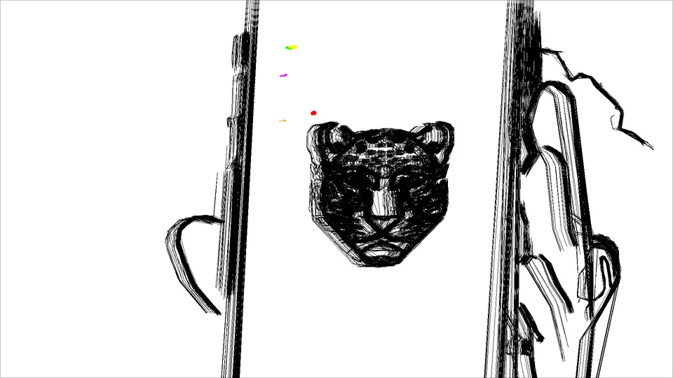 A drawing of a jaguar's face between two lines, and a hand.