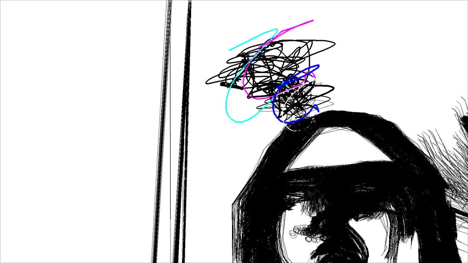 A drawing of a head with a tangle of coloured lines above it.