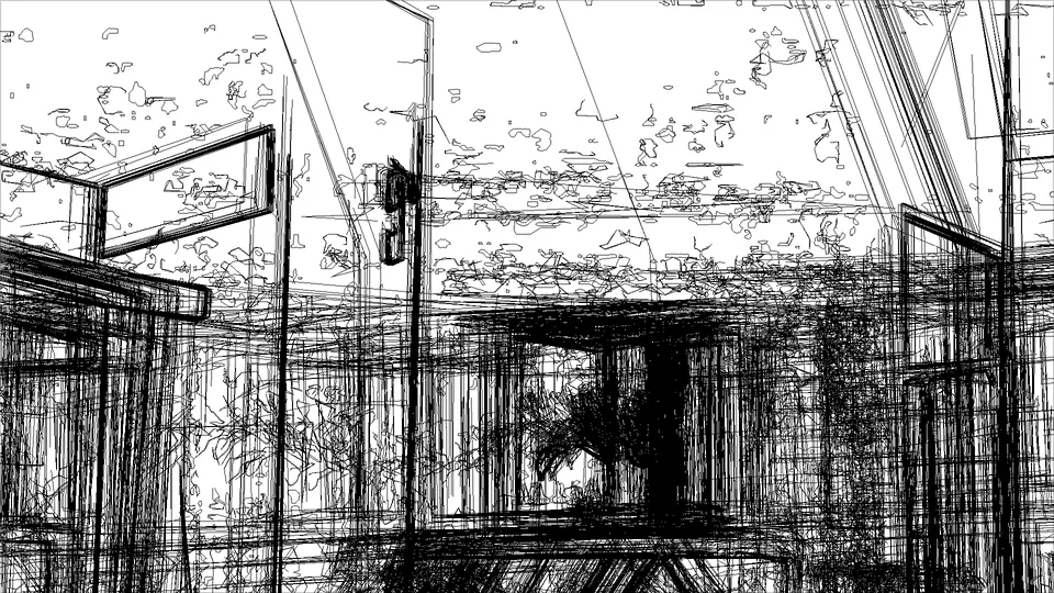 A line drawing of a room: windows, furniture and the light on the floor.