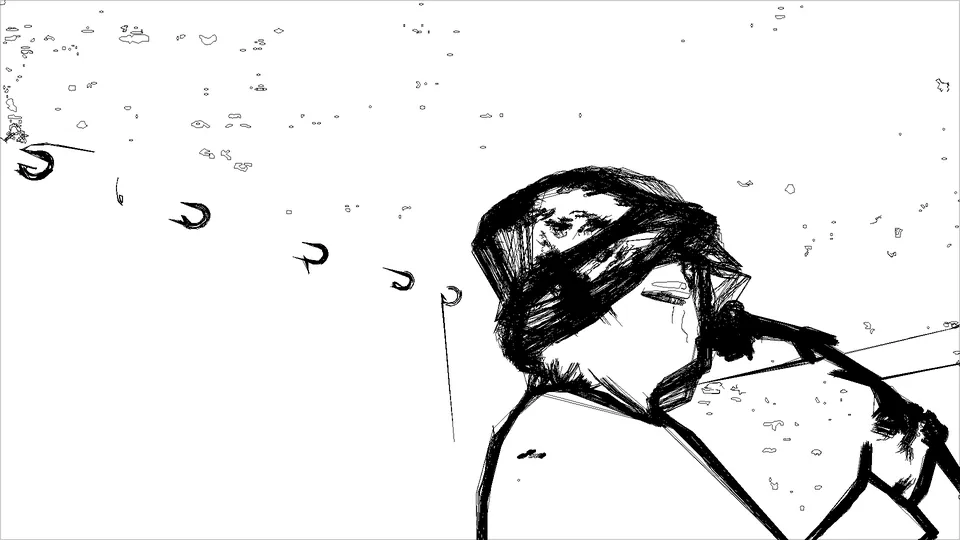 A line drawing of a person in a cap, seen from the side, with small drawn dots in the air.