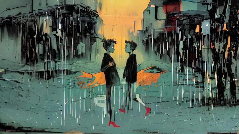 Two figures meet in the rain on a flooded street, one in red boots.