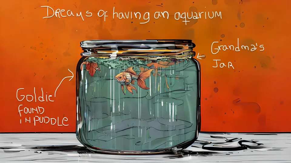 A drawing of a goldfish in a glass jar on an orange wall, with the words: dreams of having an aquarium, grandma's jar, goldie found in puddle.