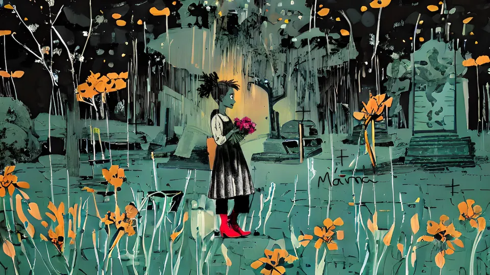 A girl in red boots holds flowers in a cemetery among orange flowers.