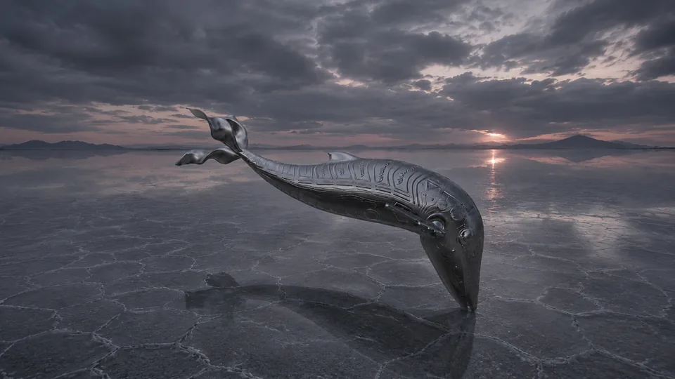 A silver robotic whale floats above the flooded salt flat of Uyuni at dusk.