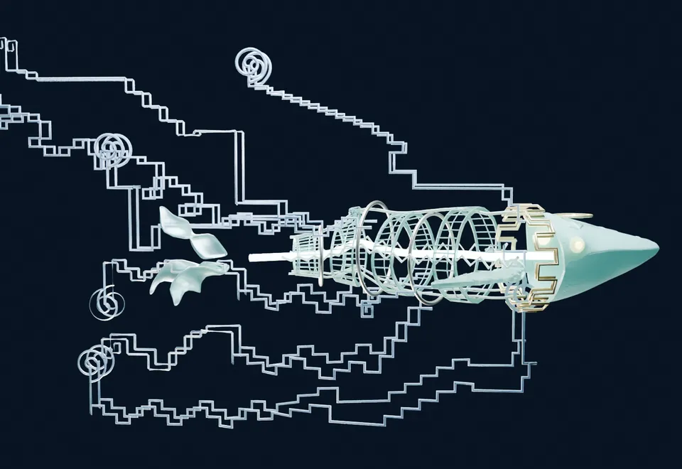 A design for the physical whale: stepped lines and spirals, like Nazca lines, trail from a lit head.