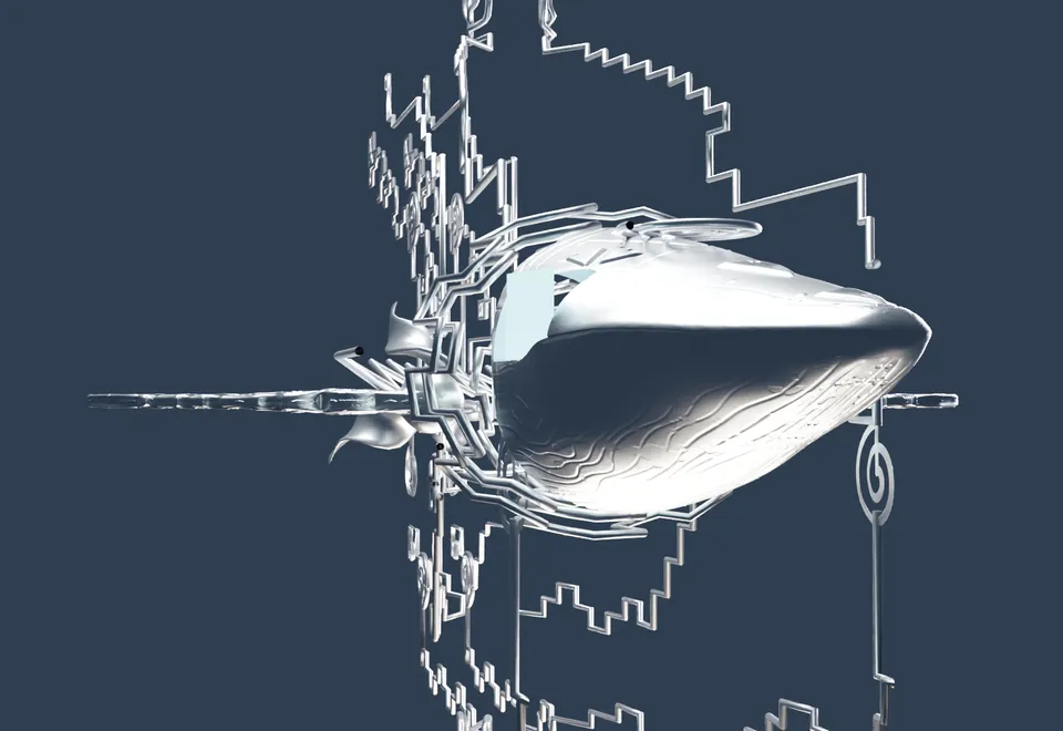 A design for the physical whale in silver, seen from the front, with stepped lines around it.