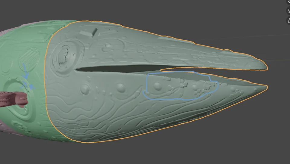 In Blender, the whale's head and open mouth, the skin carved with patterns.