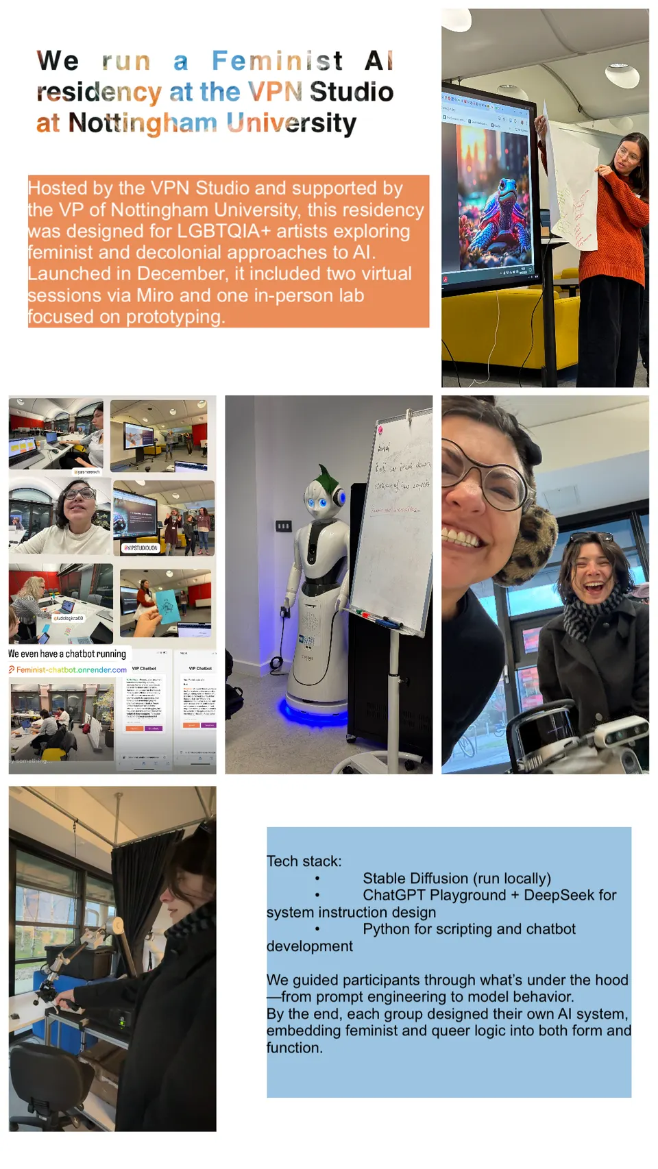 A page about the Feminist AI residency at the University of Nottingham: two blocks of text and pictures of the workshop, a white robot and two people smiling.