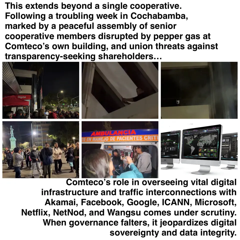A slide about the Comteco cooperative: two blocks of text and six pictures of crowds at night, a building, an ambulance and computer screens.