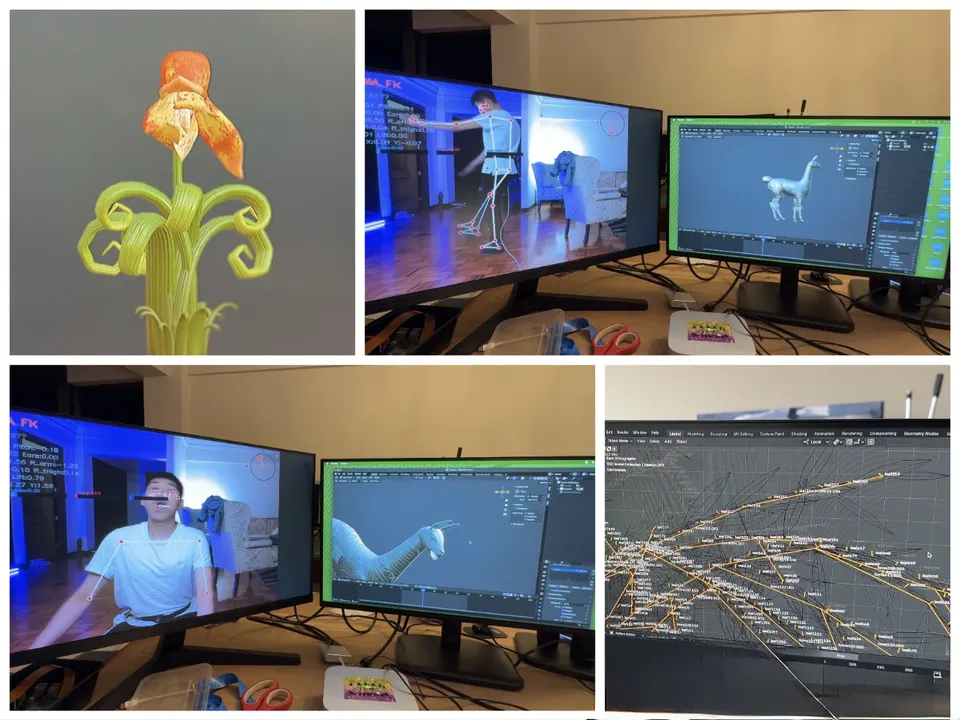 Four pictures: a 3D flower with orange petals, two desks with monitors that show a person tracked by a camera beside a 3D llama, and a screen with a network of lines.