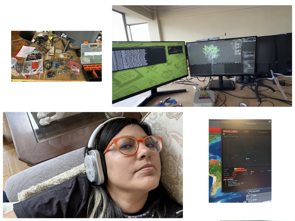 Four pictures: electronic parts on a table, two monitors with a 3D tree, a person with headphones and orange glasses lying on a sofa, and a screen with a map of South America and fire data.