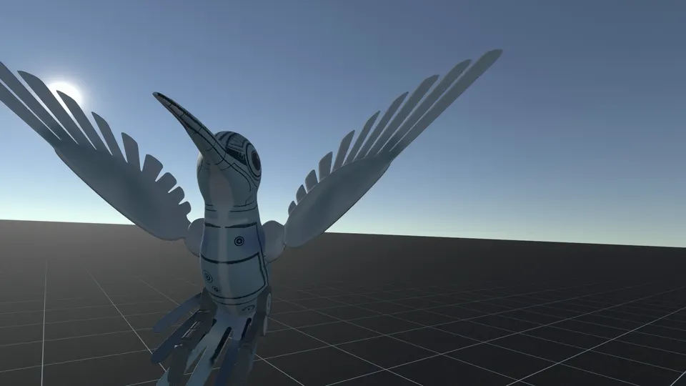 A grey robotic hummingbird with open wings stands on a grid floor, in a 3D scene.