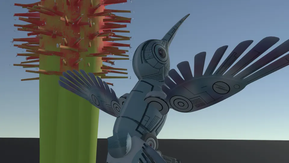 A grey robotic hummingbird in front of a tall plant covered in red spikes, in a 3D scene.